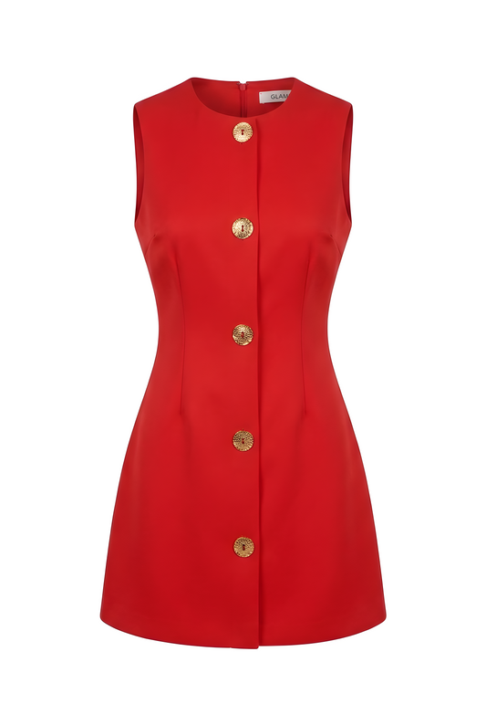 VESTIDO ROJO BOTONES DORADOS