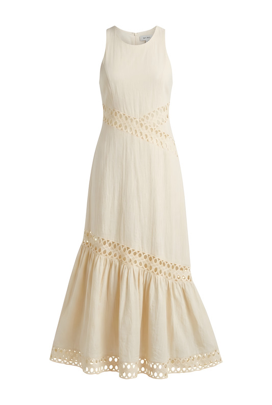 VESTIDO BEIGE CON DETALLE EN CINTURA Y PIERNAS
