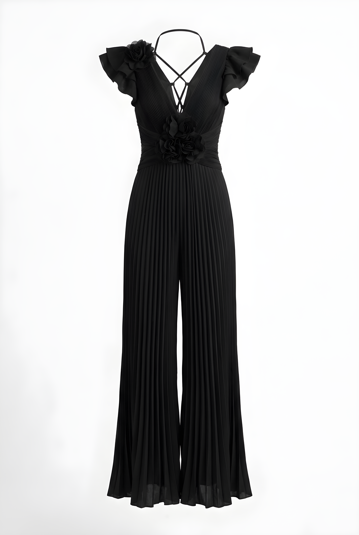 JUMSUIT NEGRO CON DETALLES FLORES HOMBROS