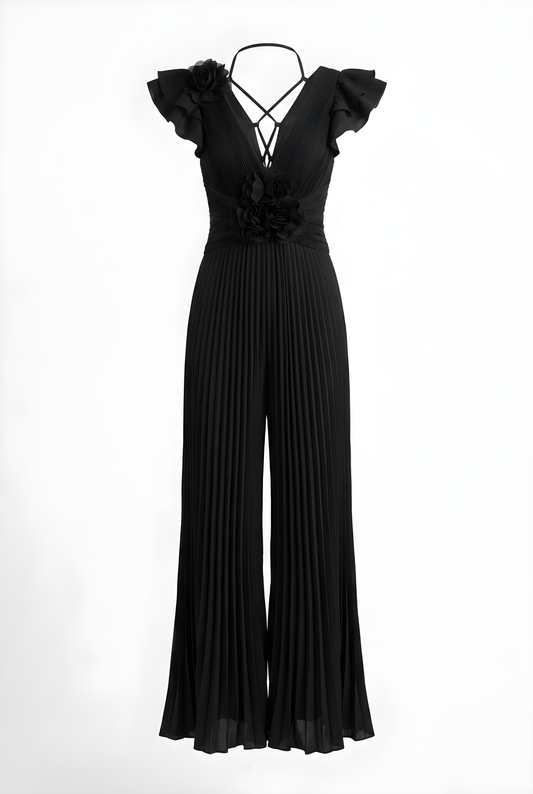 JUMSUIT NEGRO CON DETALLES FLORES HOMBROS